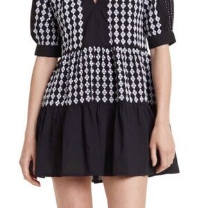 Chic Black and White Area Stars Tiana Embroidered Trapeze, Mini Dress